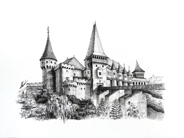 The Corvin Castle: Gothic Ink Illustration