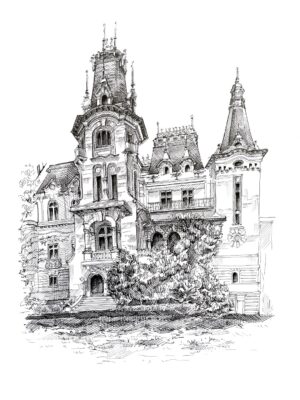 Crețulescu Palace: Neo-Gothic Ink Illustration