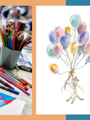 art class for children, cat drawing made with watercolor