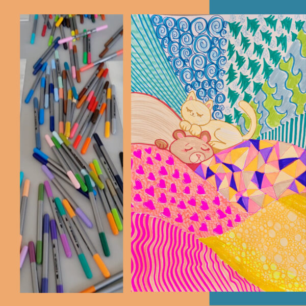 curs de arte plastice pentru copii, desen cu pisica realizat cu markere