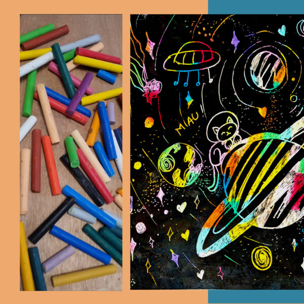 curs de arte plastice pentru copii, desen cu spațiu si planete realizat cu creioane cerate