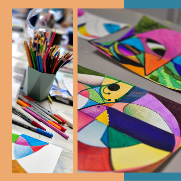 curs de arte plastice pentru copii, desen abstract realizat cu creioane colorate si markere